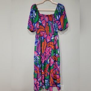 Bright Tropical Print Maxi Dress — Pink, Orange & Green